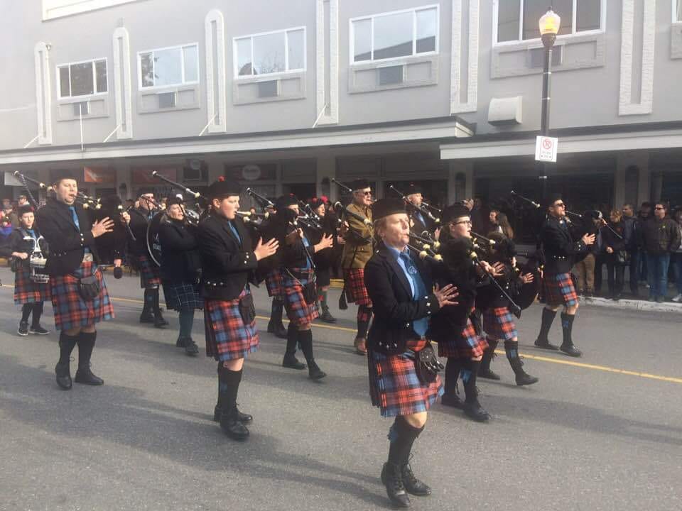 Tamara leading the Pacific Gael Pipe Band on Remembrance Day